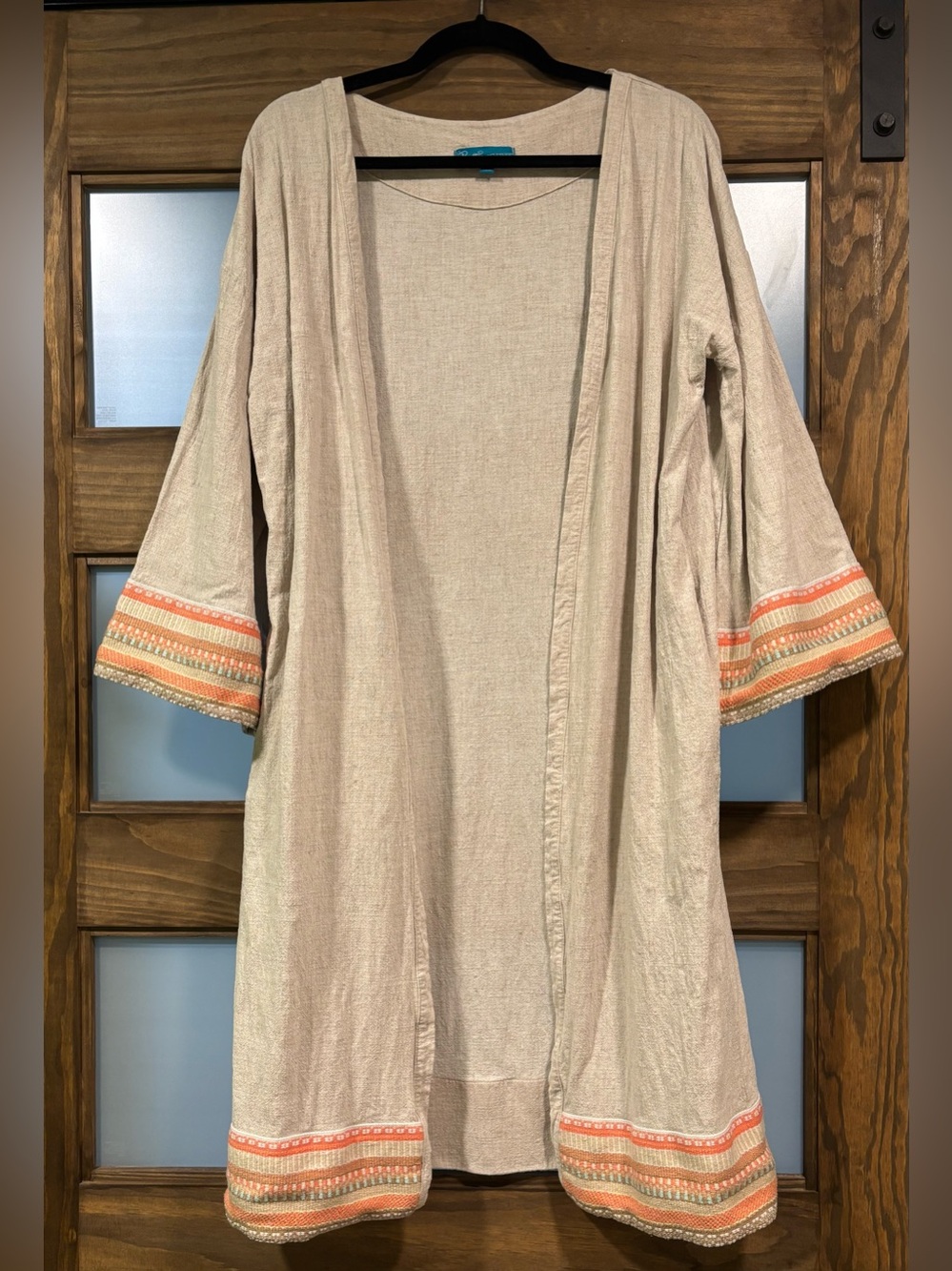Light Beige Linen Open-Front Embroidered Sleeve Duster Kimono